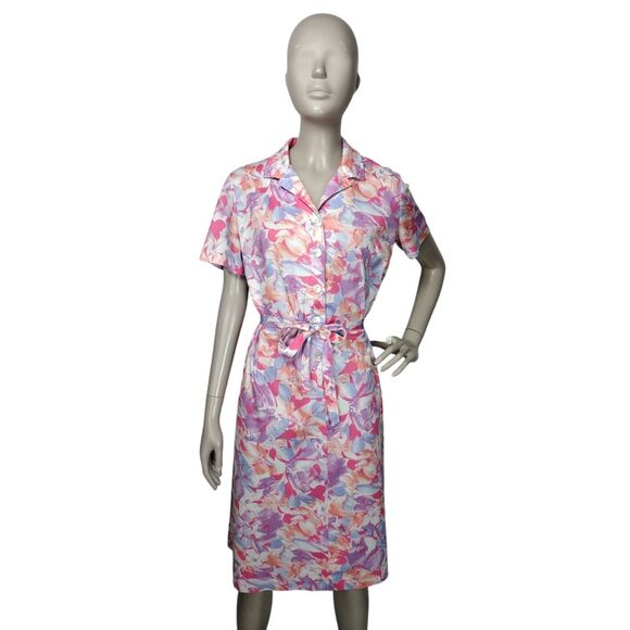 Vintage 70s Marti Petite Pastel Abstract Floral Button-Front Belted Day Dress - Picture 6 of 8